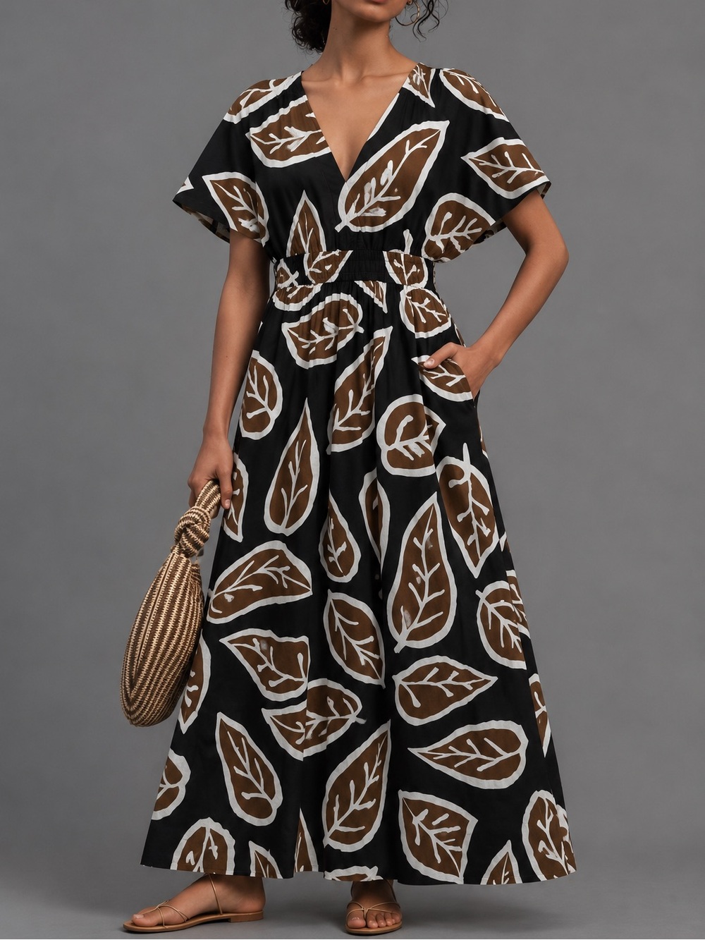 Uncle Frank Black Brown & White Leaf Print 100% Cotton V Neck Maxi Dress Size MD